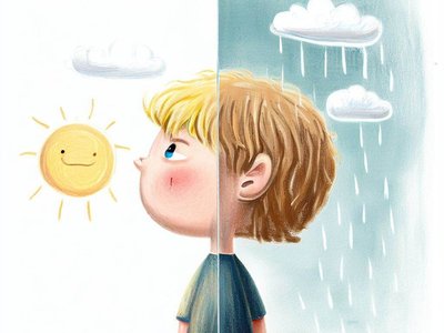 AI-drawing of a person split in two in sunlight and rain