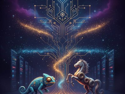 AI-image of sparkly robotic chameleon and horse