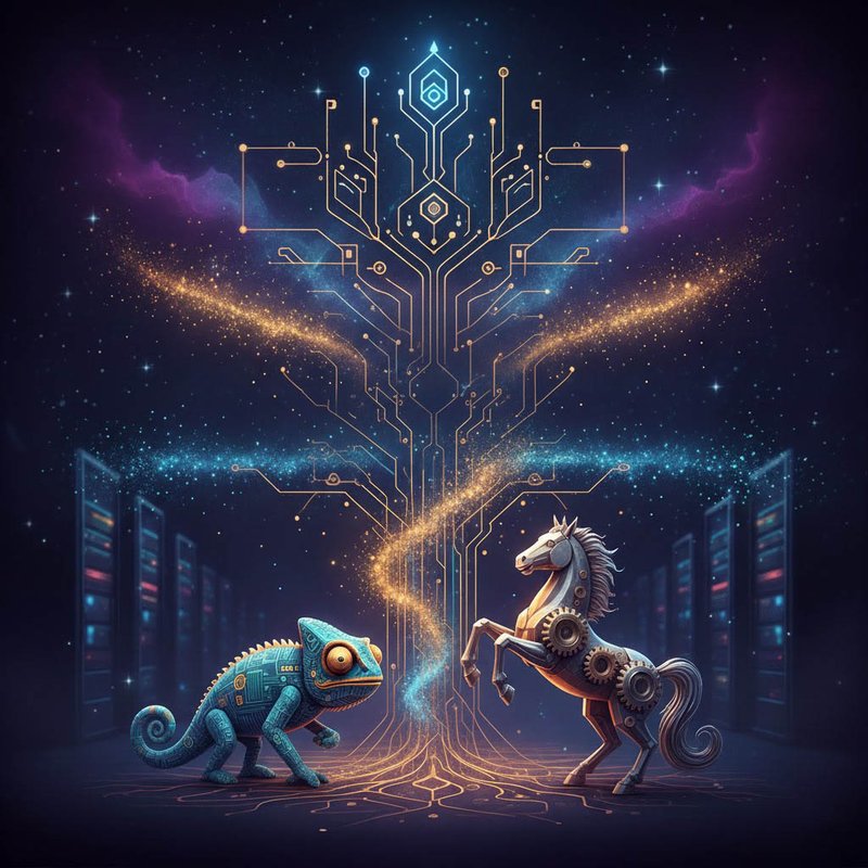 AI-image of sparkly robotic chameleon and horse