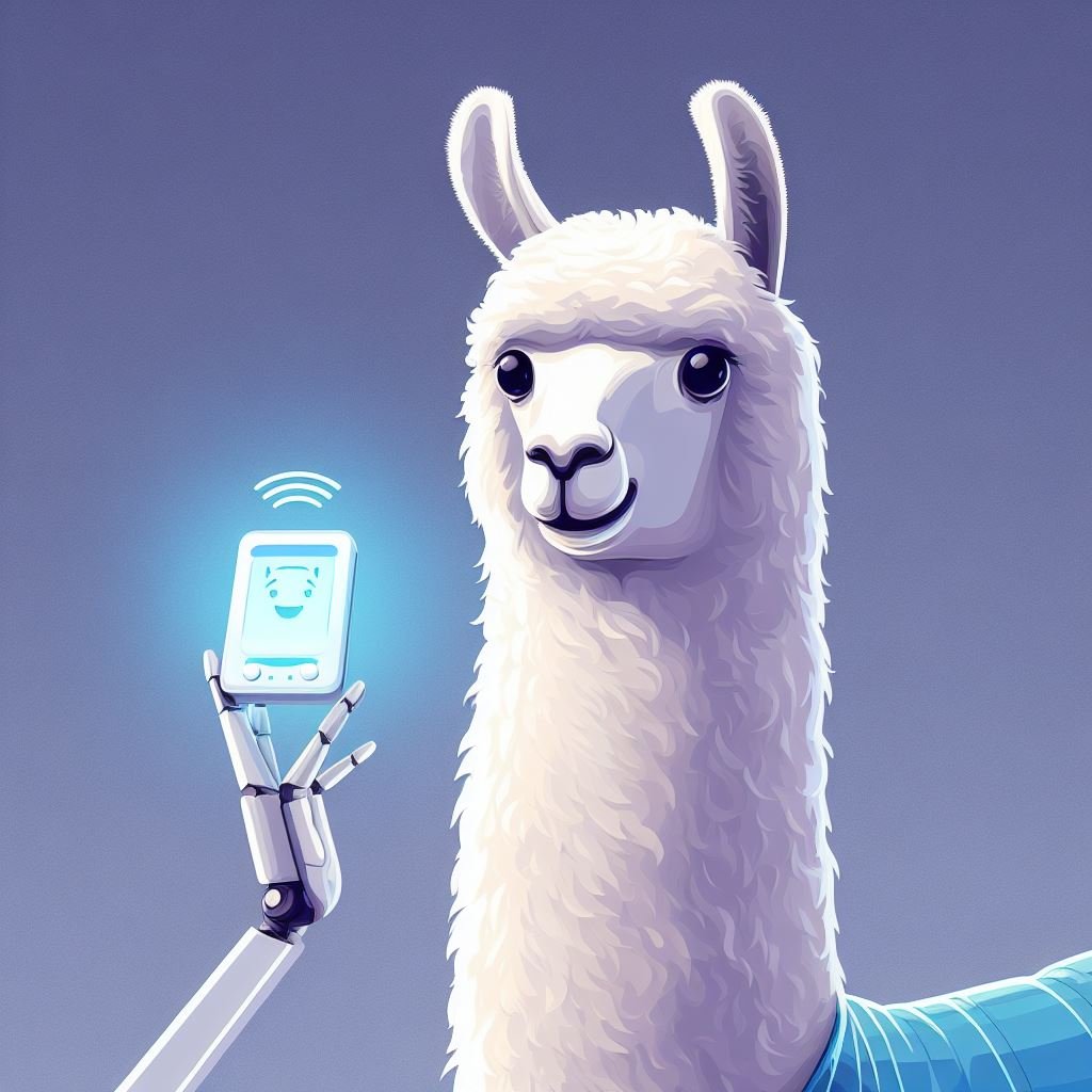 A llama that is being handed a Wi-Fi device by a robot arm