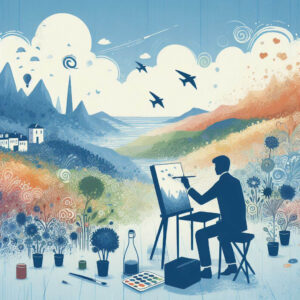 Simplistic painter painting a colourful scenery
