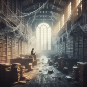 A woman sitting on her laptop in an old library